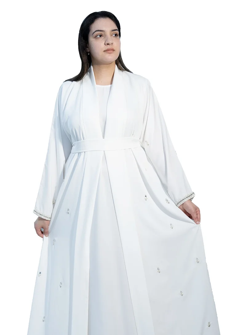NUKHBAA 2 piece Elegant White Abaya with beautiful beadwork and matching inner dress-2P666