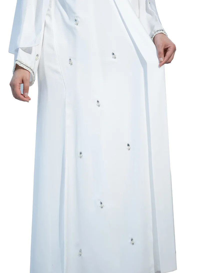 NUKHBAA 2 piece Elegant White Abaya with beautiful beadwork and matching inner dress-2P666