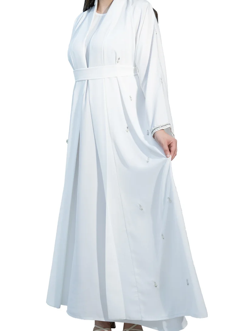 Nukhbaa  2 piece Elegant White Abaya with beautiful beadwork and matching inner dress-2P666 for Women | Best Price UAE