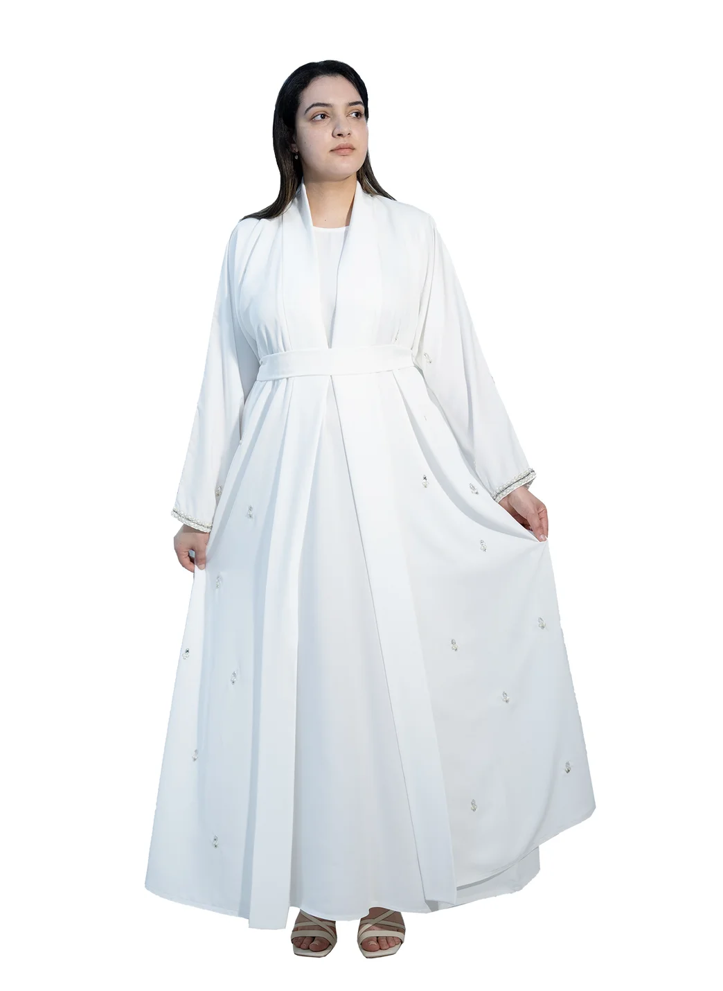 NUKHBAA 2 piece Elegant White Abaya with beautiful beadwork and matching inner dress-2P666