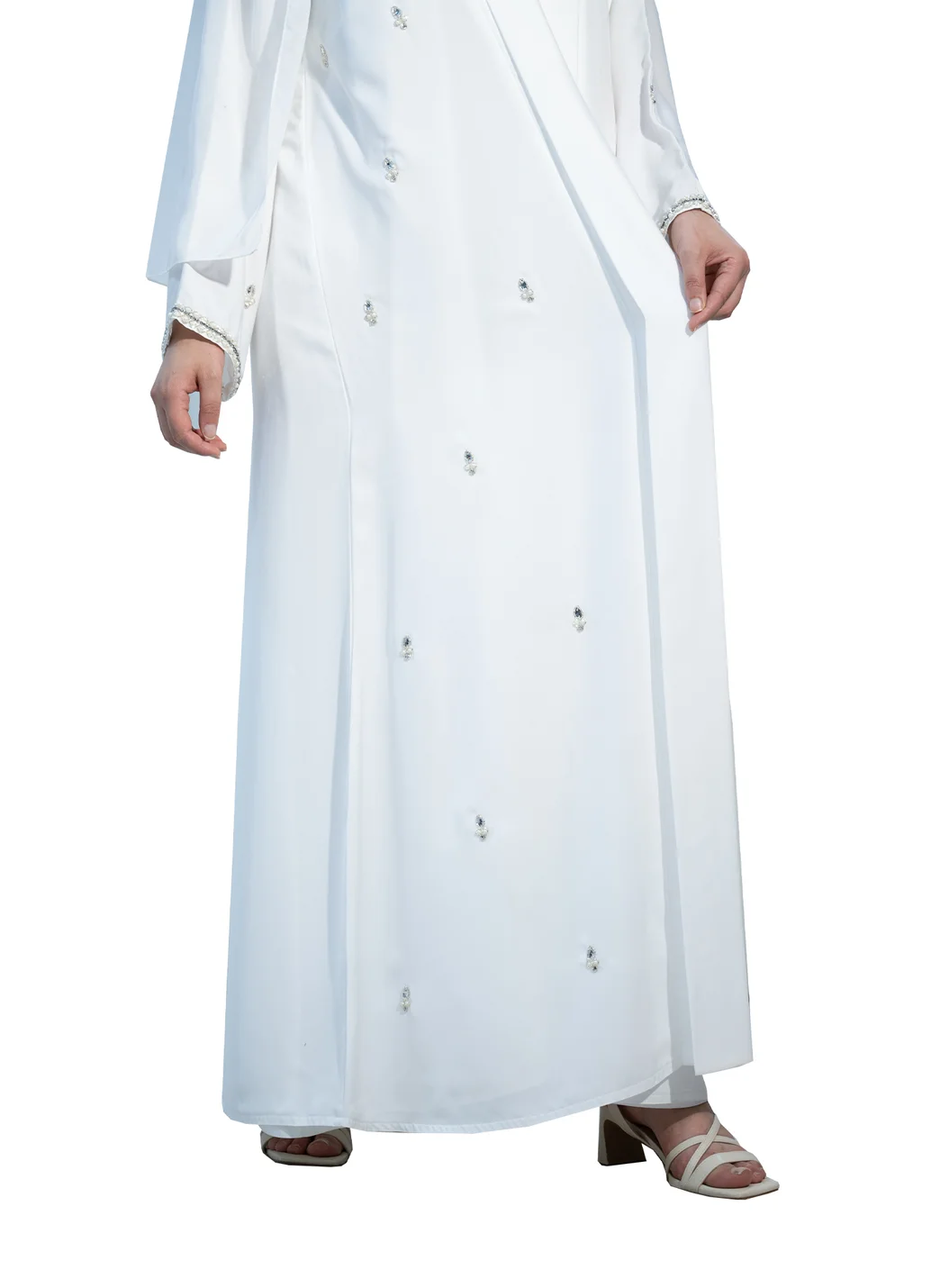 NUKHBAA 2 piece Elegant White Abaya with beautiful beadwork and matching inner dress-2P666