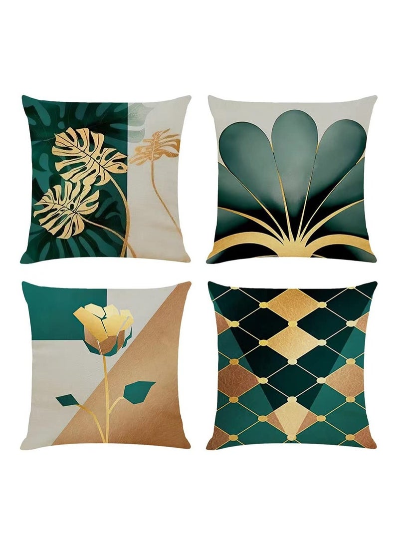 Set of 4 Linen Leaves Decorative Pillow Covers, 18x18 Inch Gold Teal Farmhouse Cushion Cases - Modern Living Room and Outdoor Garden Decor - Image 1