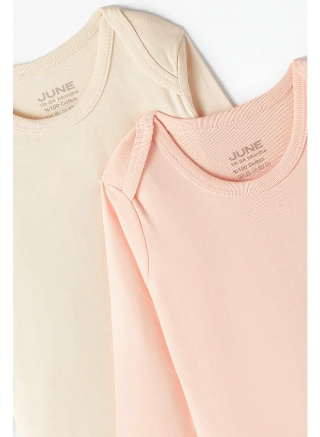 JUNE June Baby Basic Envelope Neck Solid Color 2-Pack Long Sleeve Bodysuit Light Salmon - Light Beige