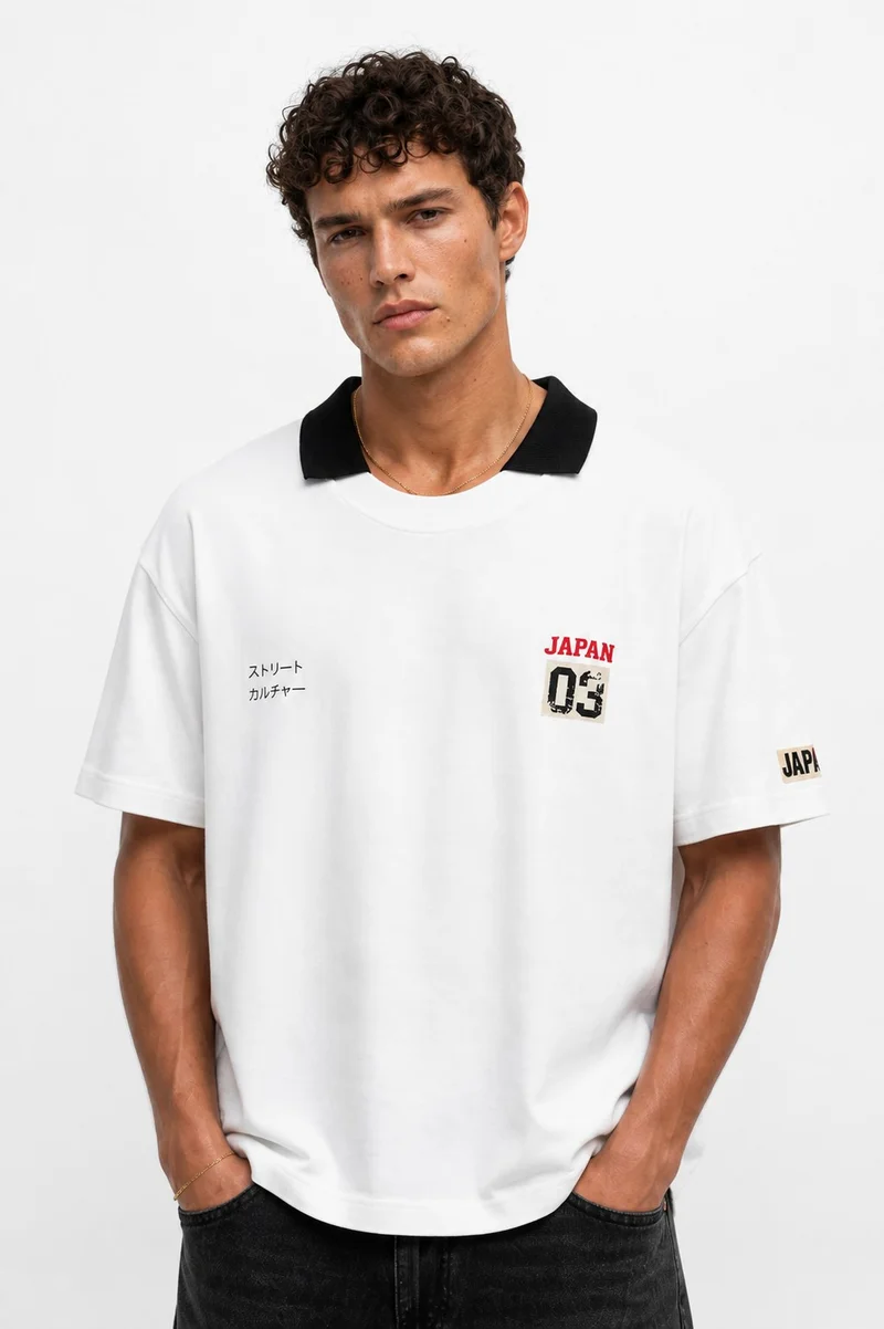 RESPIRE Men's Oversize T-Shirt with Collar Detail, Ecru