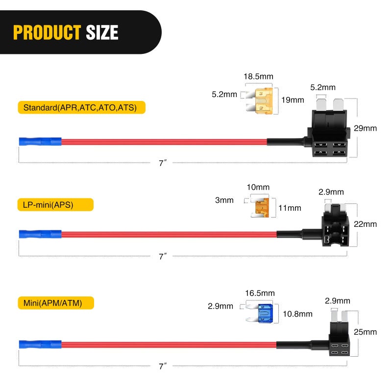 Nilight - 50040R 12V Car Add-a-Circuit Fuse Adapter with Standard and Mini TAP Profile TAP Blade Fuse for Cars Trucks Boats, 10 Pack Fuse Holder-3 types, 2 Years Warranty,Blue, Red, Black - Image 4
