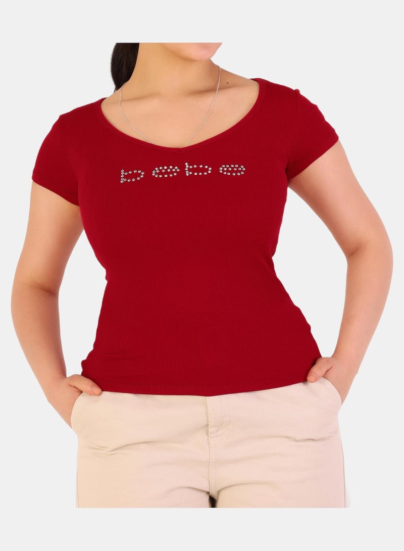 bebe Rhinestone Embellished Ribbed V-Neck Short Sleeve Top - Image 2