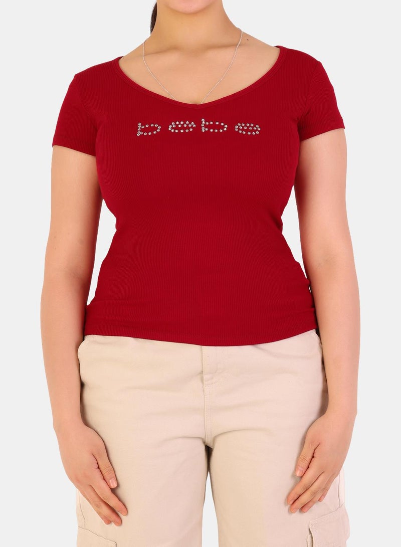 bebe Rhinestone Embellished Ribbed V-Neck Short Sleeve Top - Image 1