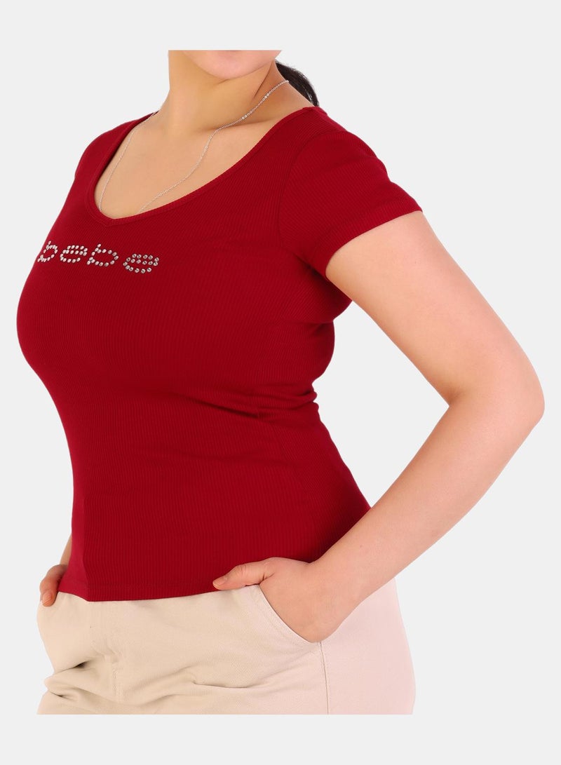 bebe Rhinestone Embellished Ribbed V-Neck Short Sleeve Top - Image 3