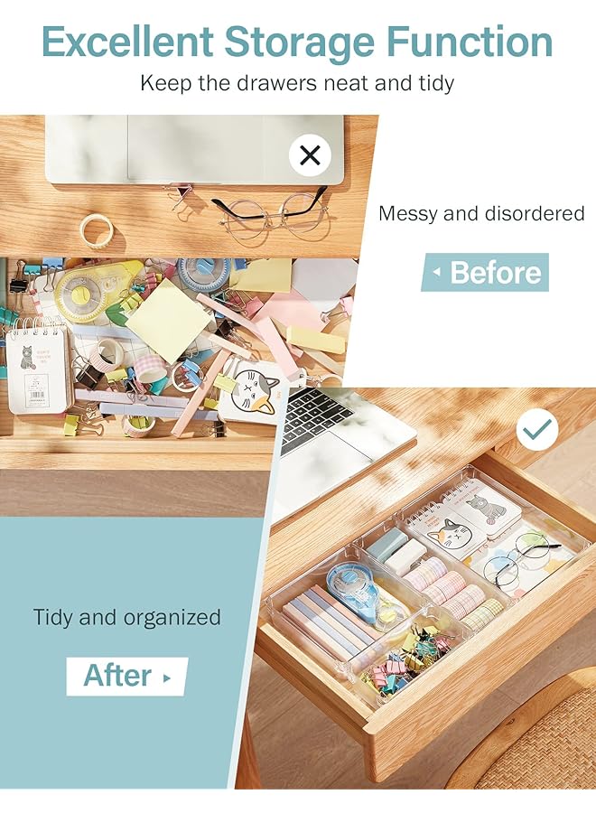 إيروريكس 9 قطع من صواني تنظيم أدراج المكتب، 4 أحجام، مقسمات صواني أدراج الحمام، منظمات بلاستيكية لمستحضرات التجميل، صناديق تخزين لخزانة الملابس، المطبخ، المكتب، شفافة - Image 4