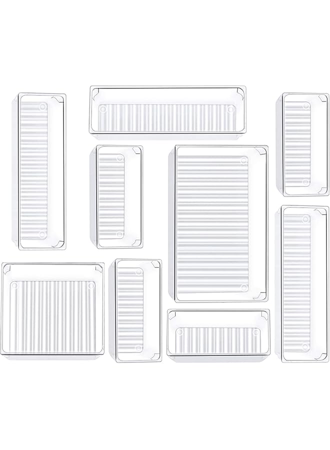 إيروريكس 9 قطع من صواني تنظيم أدراج المكتب، 4 أحجام، مقسمات صواني أدراج الحمام، منظمات بلاستيكية لمستحضرات التجميل، صناديق تخزين لخزانة الملابس، المطبخ، المكتب، شفافة - Image 1