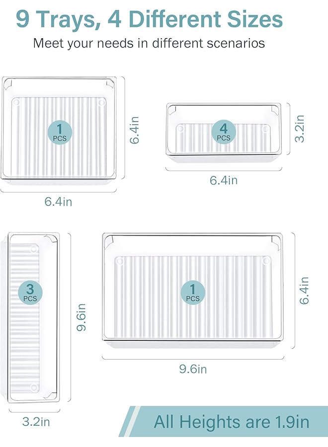 إيروريكس 9 قطع من صواني تنظيم أدراج المكتب، 4 أحجام، مقسمات صواني أدراج الحمام، منظمات بلاستيكية لمستحضرات التجميل، صناديق تخزين لخزانة الملابس، المطبخ، المكتب، شفافة - Image 2