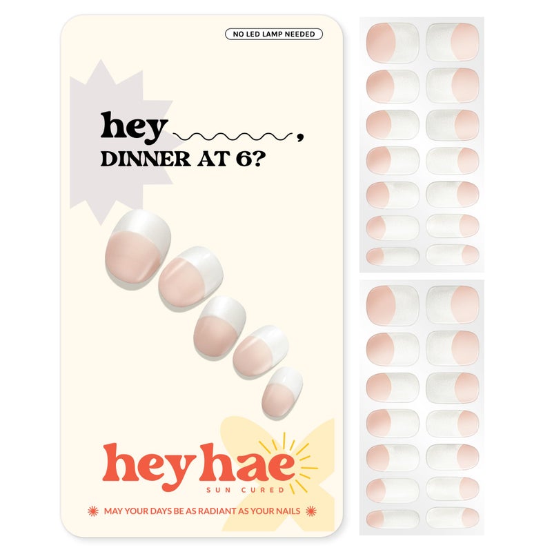 Heyhae Semi Cured Gel Nail Strips | No LED Lamp Needed | French, Pink, Spring | Easy Apply & Remove, Salon Quality | Includes 28 Strips, 1 Prep Pads, Nail File & Wooden Stick - Hey, Dinner at 6? - Image 1