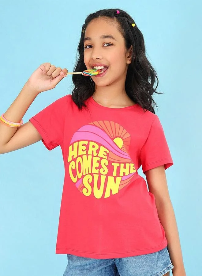 Bonkids Regular Fit Printed Pink And Magenta Cotton T-Shirt For Girls Round Neck Flat Collar Pull On 100 % Cotton