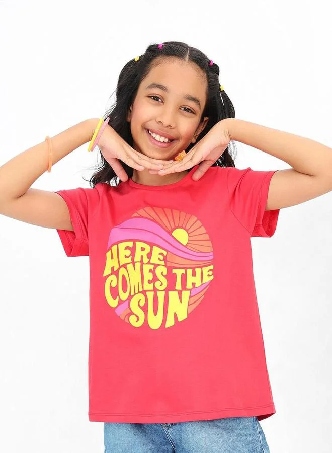 Bonkids Regular Fit Printed Pink And Magenta Cotton T-Shirt For Girls Round Neck Flat Collar Pull On 100 % Cotton