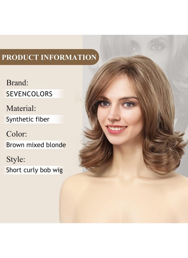 SEVENCOLORS Evencolors قصيرة شقراء مجعد الباروكات للنساء البيض براون مختلطة شقراء بوب الباروكات مع الضوء جزء الجانب الاصطناعية الشعر الطبيعي الباروكات القصيرة للمرأة  - Image 4