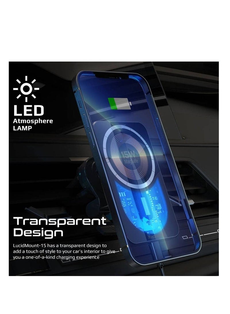 Magnetic Wireless Car Charger, Ultra-Fast MagSafe Transparent Car Charger with 15W Output, AC Vent Holder, Gooseneck Mount, 360 Degree Rotation and Cradleless Design for iPhone 14/13, LucidMount-15 Bl - Image 2