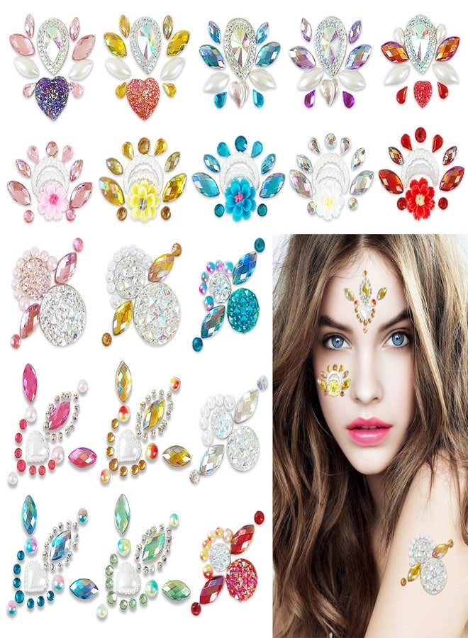 Face Gems Stickers Women Diamond Forehead Sticker Rhinestones Pearl Spring Theme Flowers Decoration Birthday Festival Party Self-Adhesive DIY Body Fashion Art Decals (C#) - Image 1