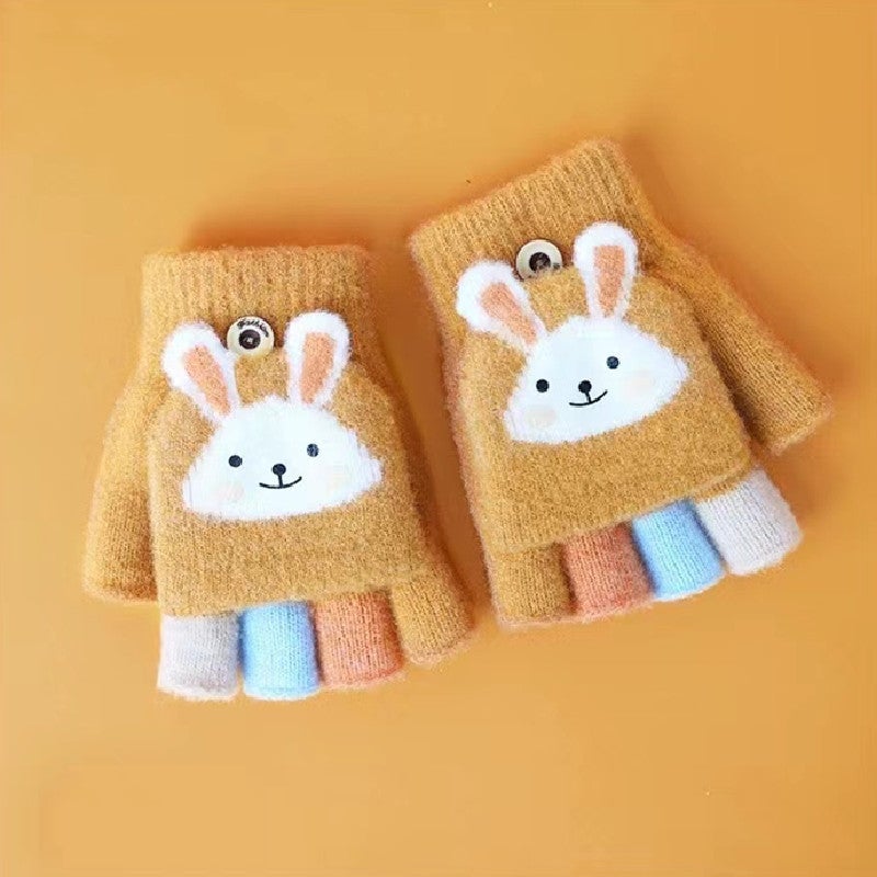 Kids Warm Gloves Fingerless Flip-Top Autumn Winter Yellow  - Image 1