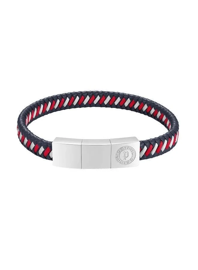 Police Twist Navy and Red Woven Leather With Stainless Steel Motif Gents BraceletPEAGB0034003