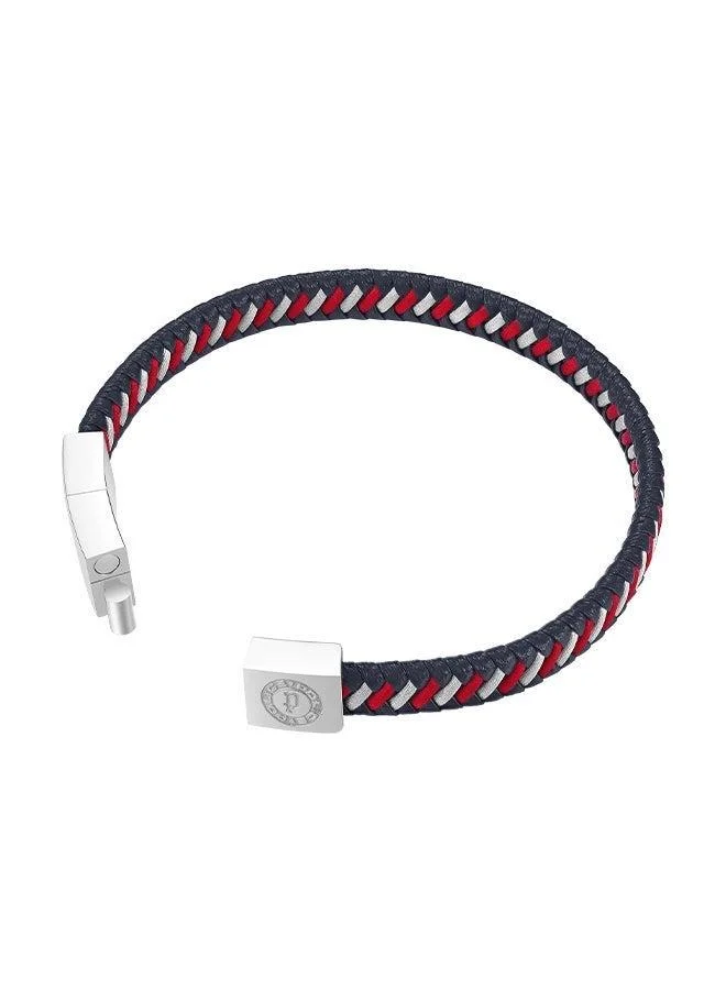 Police Twist Navy and Red Woven Leather With Stainless Steel Motif Gents BraceletPEAGB0034003