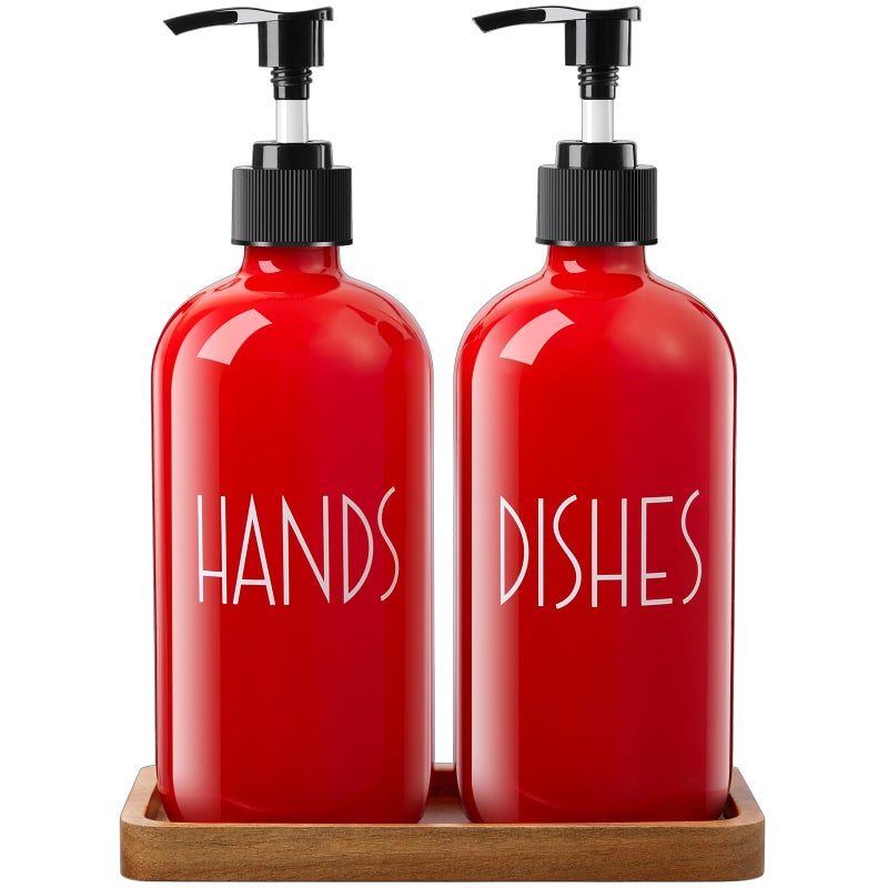ALELION Dish Soap Dispenser for Kitchen  16 OZ Glass Hand Soap Dispenser Set with Acacia Wood Tray  Red Kitchen Bathroom Decor and Accessories