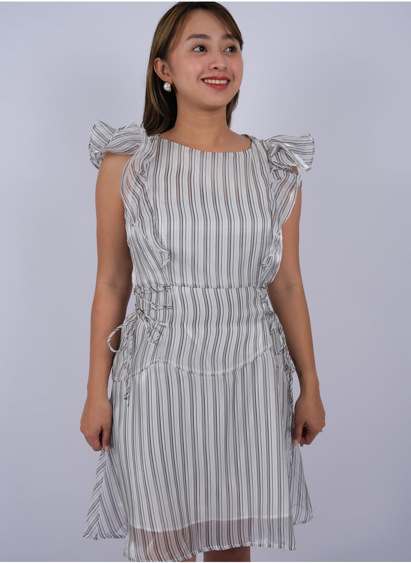 ONLY - Women's Zipper Closer Lace Tie Waist Short Dress  in Gray Stripe - Image 1