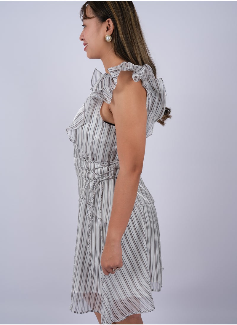 ONLY - Women's Zipper Closer Lace Tie Waist Short Dress  in Gray Stripe - Image 1