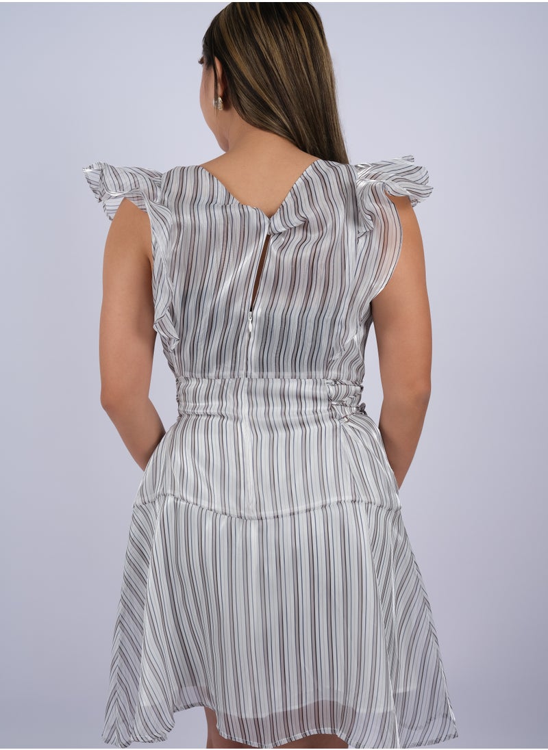 ONLY - Women's Zipper Closer Lace Tie Waist Short Dress  in Gray Stripe - Image 1