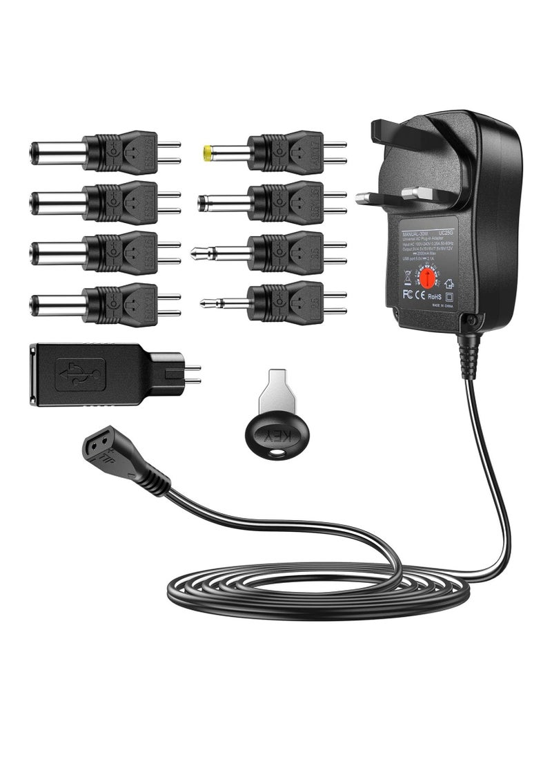 Excefore - 30W Reverse Polarity Universal AC Adapter Multi Voltage DC Power Supply, with 9pcs Adaptor Tips, Compatible with 3V to 12V Household Electronics, 2Amp Output - Image 1