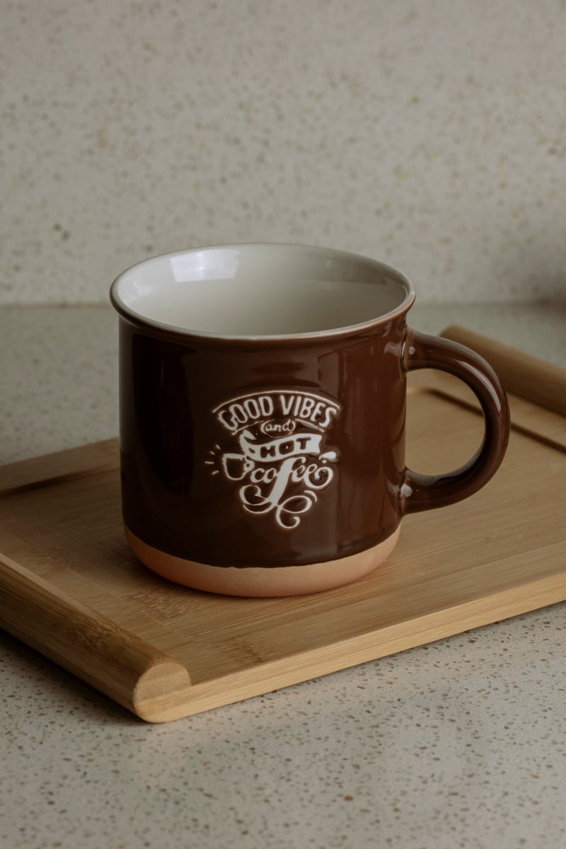 Words Co. Good Vibes & Hot Coffee Mug - Brown Ceramic with Handle - 390ml - Image 1