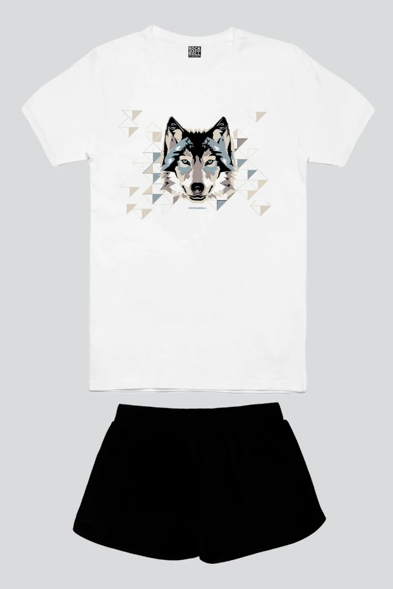 Rock&Roll Geometric Wolf White Short Sleeve Women's Shorts Set