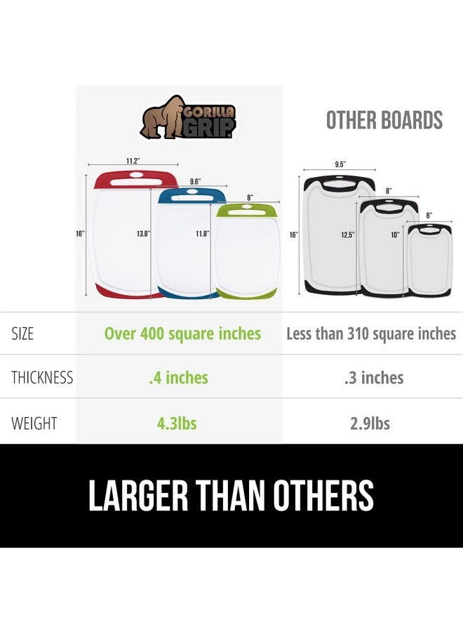 GORILLA GRIP 100% BPA-Free Reversible Kitchen Cutting Board Set of 3, Nonporous, Juice Grooves to Catch Liquid, Slip Resistant Handle Border, Dishwasher Safe Large Food Chopping Boards, Red Blue Green - Image 3