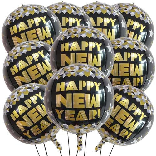 KALOR 22 Inch Happy New Year Mylar Balloons 10 Pcs Large 4D Giant Round Foil Balloon Metallic Balloons for Happy New Year Decorations 2024 - Image 1