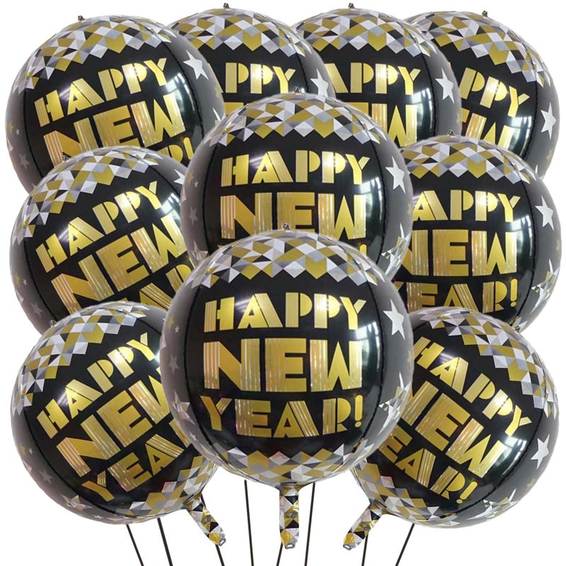 KALOR 22 Inch Happy New Year Mylar Balloons 10 Pcs Large 4D Giant Round Foil Balloon Metallic Balloons for Happy New Year Decorations 2024 - Image 3
