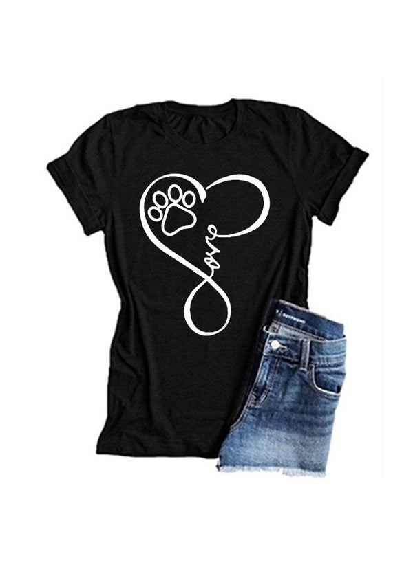 Generic - Cute Dog Paw Classic Letter Love Print Short Sleeve T-Shirt Versatile Personality Cotton Modal Fabric Cartoon Pattern Fresh Sweet Style for Men White - Image 1