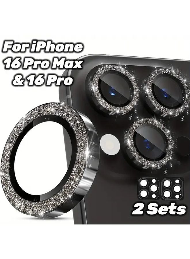 2 Pack Glitter Black Titanium Tempered Glass Camera Lens Protector For iPhone 16 Pro 16 Pro Max - Image 1