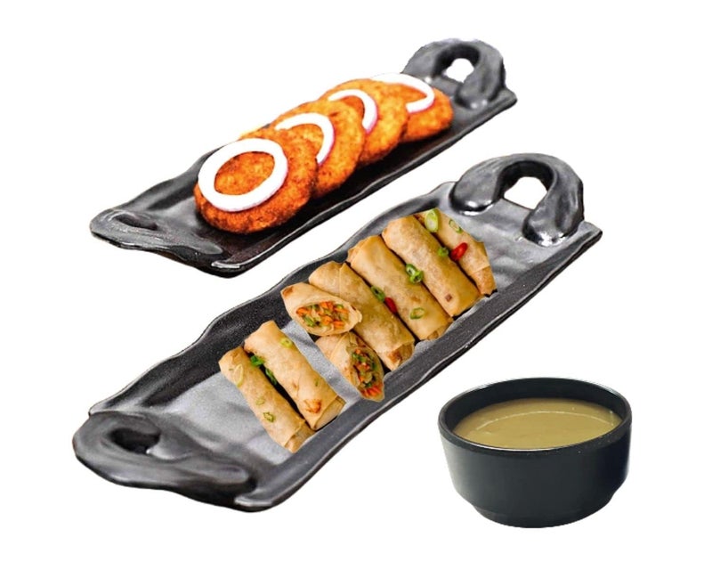 VRCT Melamine Rectangle Serving Platter with Handle, (1 Dip Bowl + 2 Handle Platter) for French Fries, Rolls Dessert and Snacks Serving/Tray - Image 2