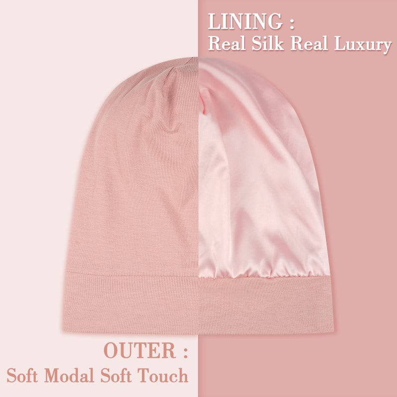 LULUSILK Mulberry Silk Bonnet for Sleeping Women, Real Silk Sleep Cap for Curly Hair and Braids, Pure Head Wrap with Scrunchies, Pink - Image 2