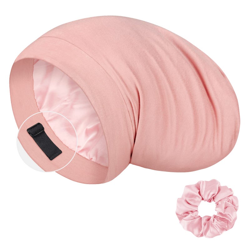 LULUSILK Mulberry Silk Bonnet for Sleeping Women, Real Silk Sleep Cap for Curly Hair and Braids, Pure Head Wrap with Scrunchies, Pink - Image 1