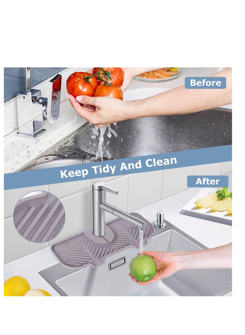 Excefore Silicone Sink Splash Guard, Silicone Sink Faucet Mat, Silicone Faucet Handle Drip Catcher Tray, Silicone Sink Mat Sponges Holder, for Kitchen Bathroom Counter Protect (Grey)  - Image 3
