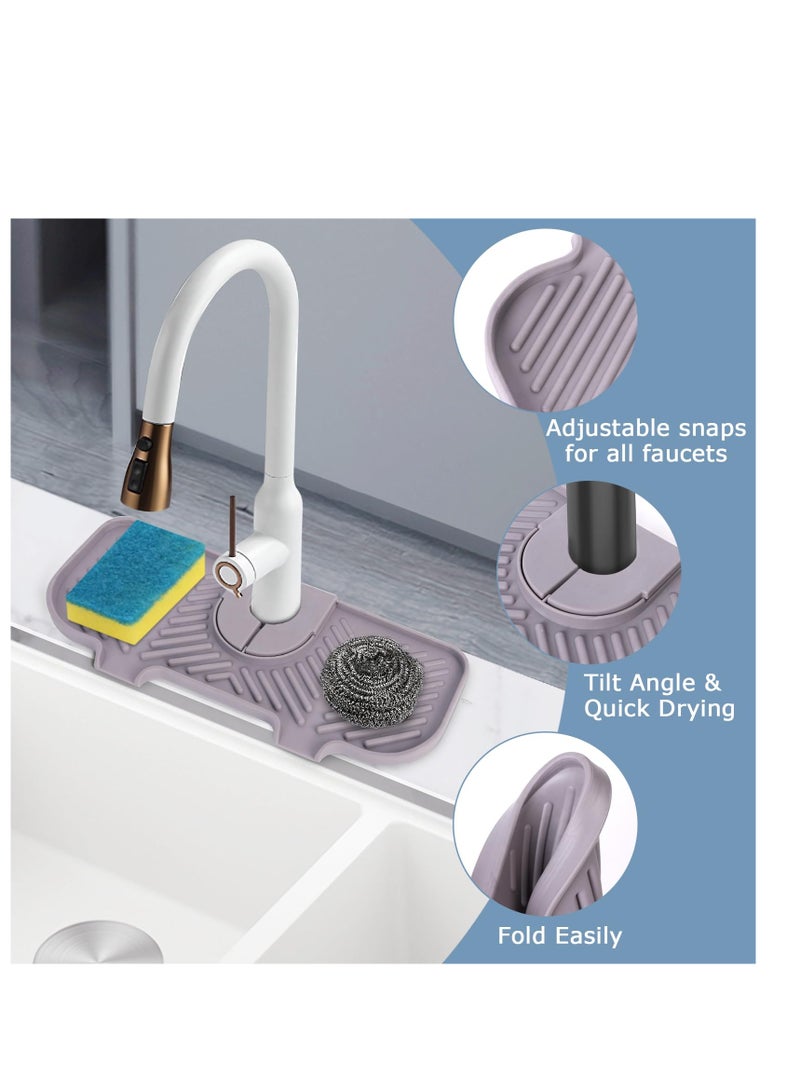Excefore Silicone Sink Splash Guard, Silicone Sink Faucet Mat, Silicone Faucet Handle Drip Catcher Tray, Silicone Sink Mat Sponges Holder, for Kitchen Bathroom Counter Protect (Grey)  - Image 2
