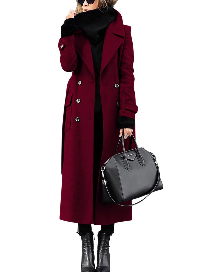 ebossy Women s Winter Double Breasted Wool Coat Elegant Notched Lapel Belted Mid Long Pea Trench Coat (XL, Red) - Image 1