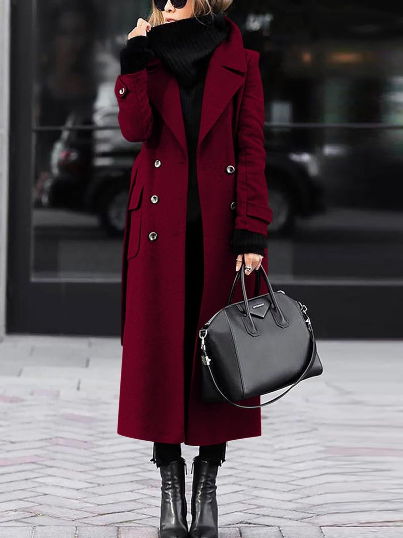 ebossy Women s Winter Double Breasted Wool Coat Elegant Notched Lapel Belted Mid Long Pea Trench Coat (XL, Red) - Image 2