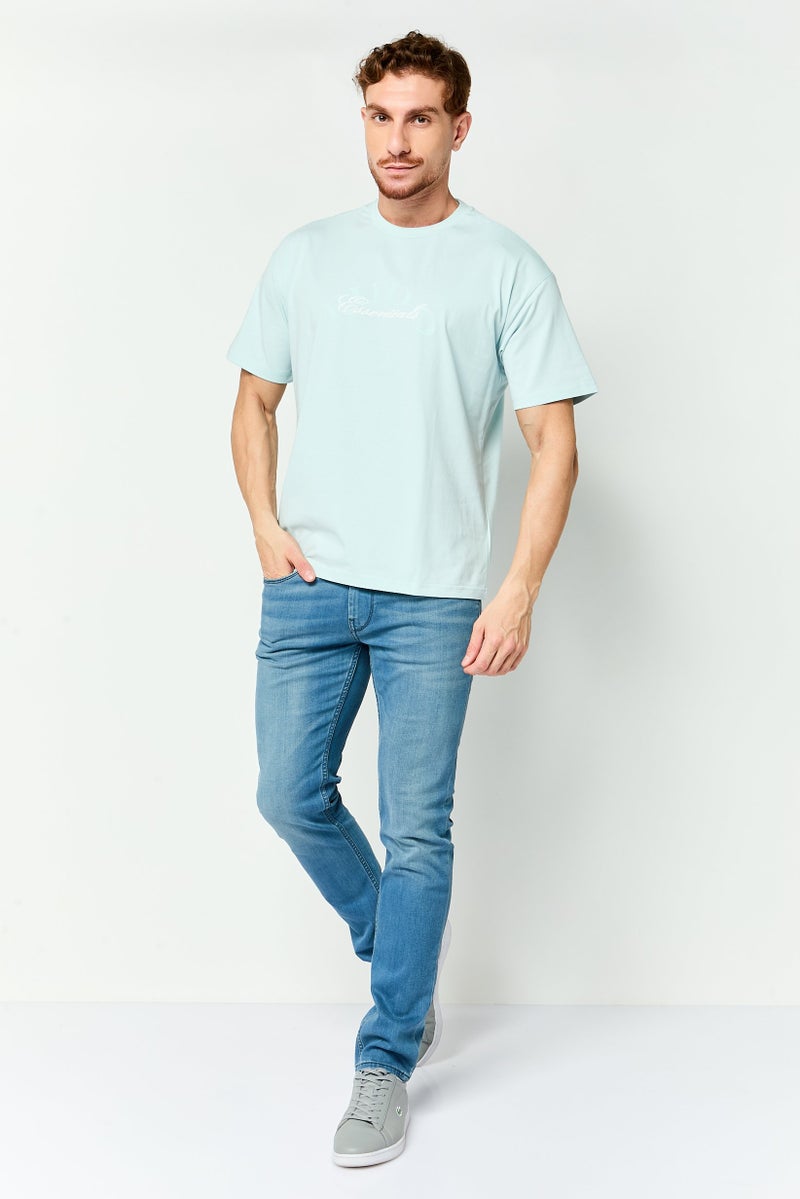 Fudo Men Crew Neck Short Sleeve Brand Logo T-Shirt, Light Blue - Image 2