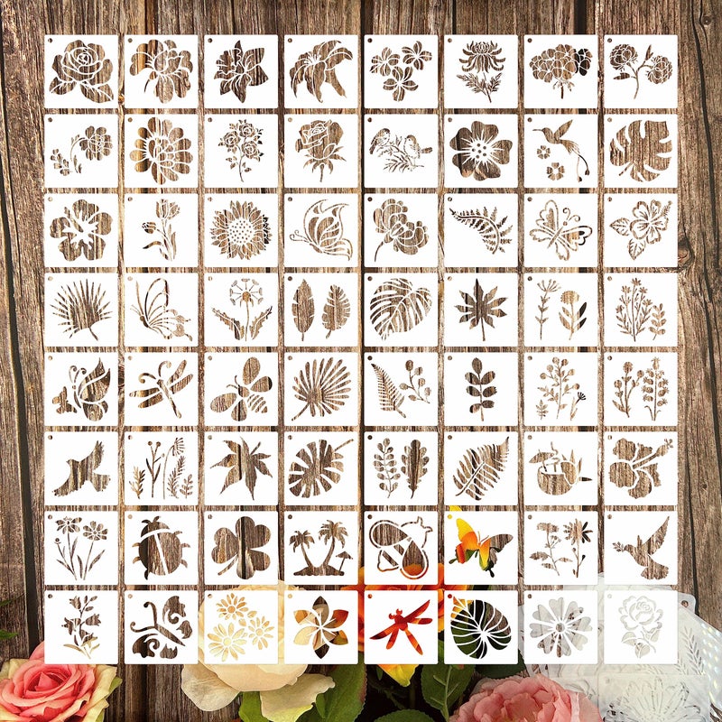Flower Stencils for Painting 64pcs 3 Inch Stencils for Crafts Rock Painting Stencils Plastic Reusable Stencils for Painting on Wood Wall Tile Home Decor