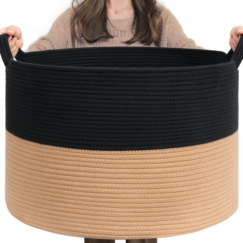INDRESSME XXXLarge Cotton Rope Basket Woven Baby Laundry Basket Blanket Baskets Toy Baskets with Handle Comforter Cushions Storage Bin Thread Laundry Hamper - 21.7" x 21.7" x 13.8" - Image 1