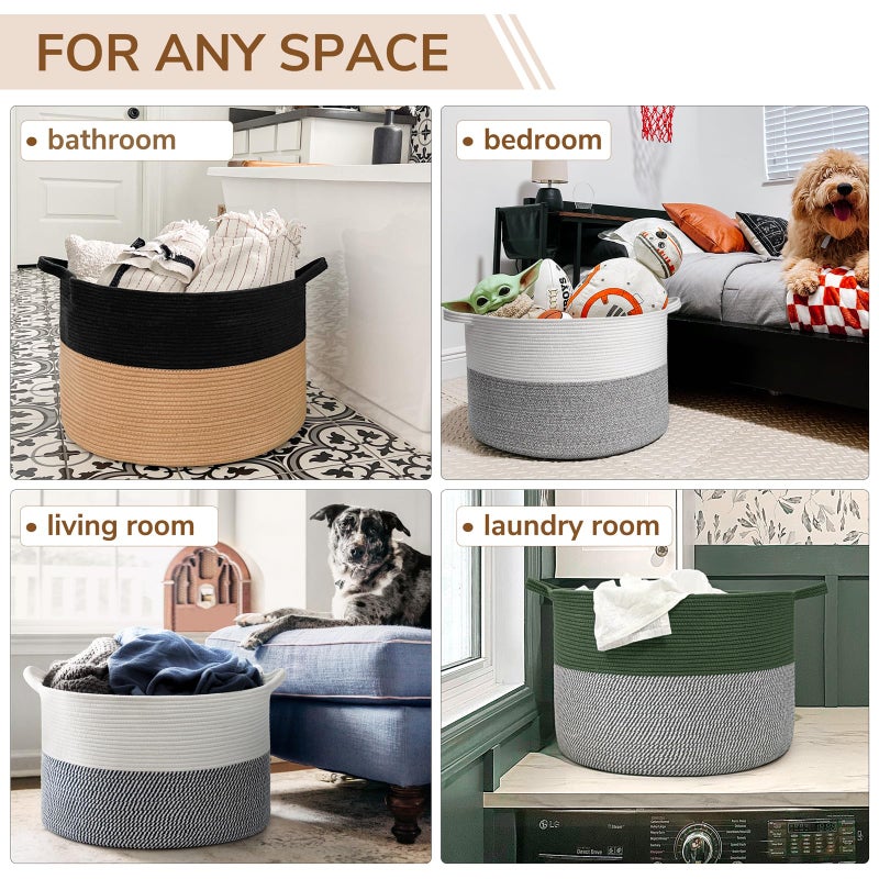 INDRESSME XXXLarge Cotton Rope Basket Woven Baby Laundry Basket Blanket Baskets Toy Baskets with Handle Comforter Cushions Storage Bin Thread Laundry Hamper - 21.7" x 21.7" x 13.8" - Image 5