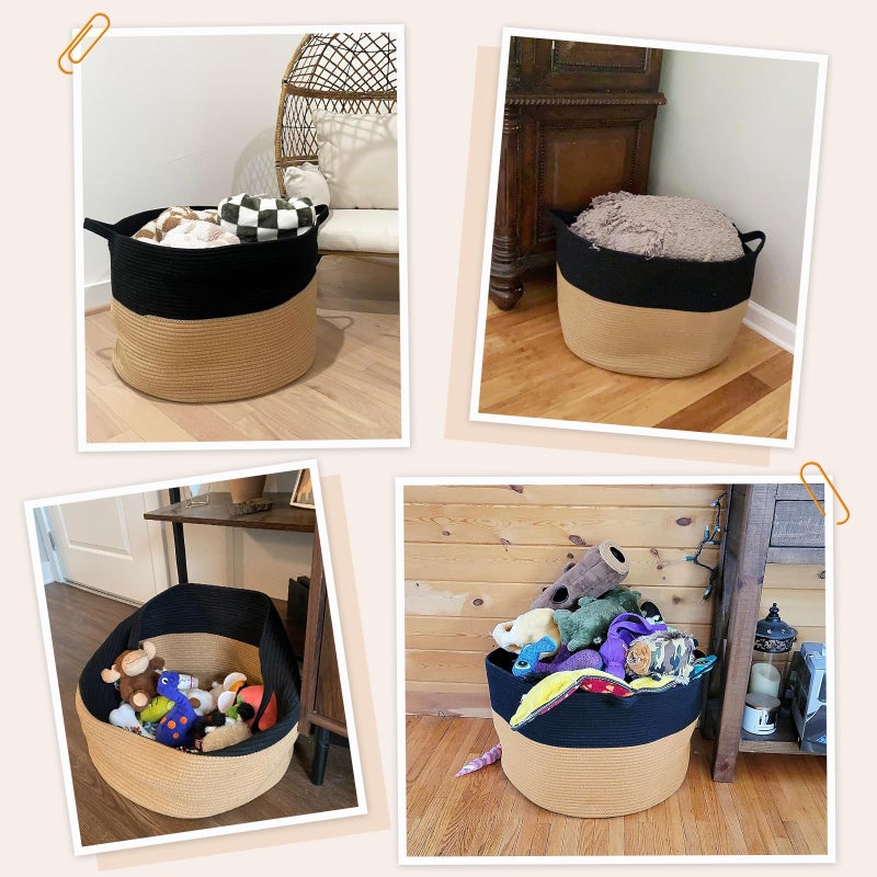 INDRESSME XXXLarge Cotton Rope Basket Woven Baby Laundry Basket Blanket Baskets Toy Baskets with Handle Comforter Cushions Storage Bin Thread Laundry Hamper - 21.7" x 21.7" x 13.8" - Image 4