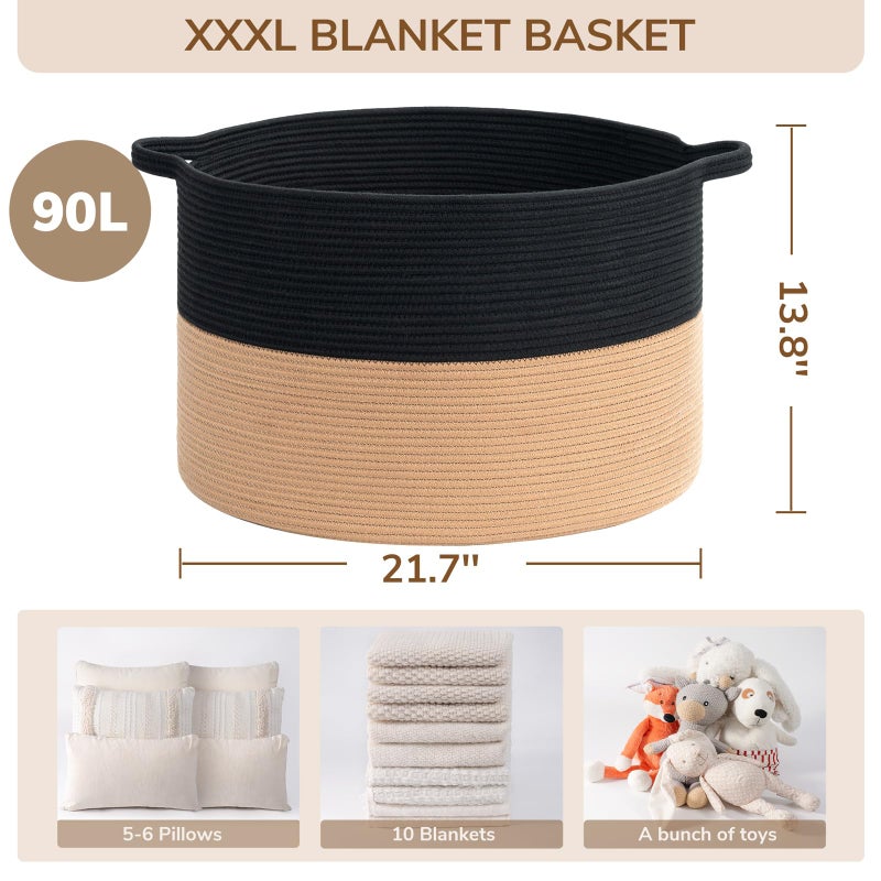 INDRESSME XXXLarge Cotton Rope Basket Woven Baby Laundry Basket Blanket Baskets Toy Baskets with Handle Comforter Cushions Storage Bin Thread Laundry Hamper - 21.7" x 21.7" x 13.8" - Image 3