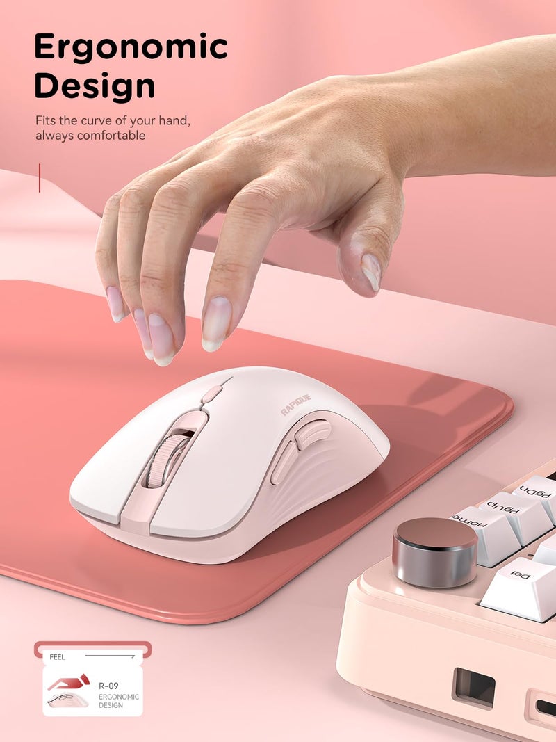RAPIQUE Bluetooth Wireless Mouse - Dual Bluetooth & 2.4 GHz USB Receiver, Ergonomic Design, Quiet Clicks, Low Power - Multi-Device Compatibility for MacBook, Laptop, Computer, iPad Air/Pro (Pink) - Image 3